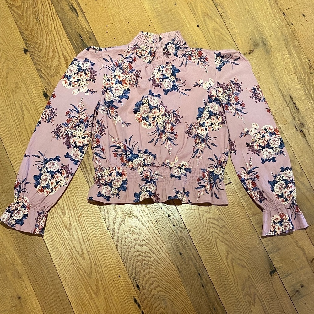 Chocolate USA Cotton Smocked Waist Mock Neck Puff Sleeve Blouse Floral MEDIUM